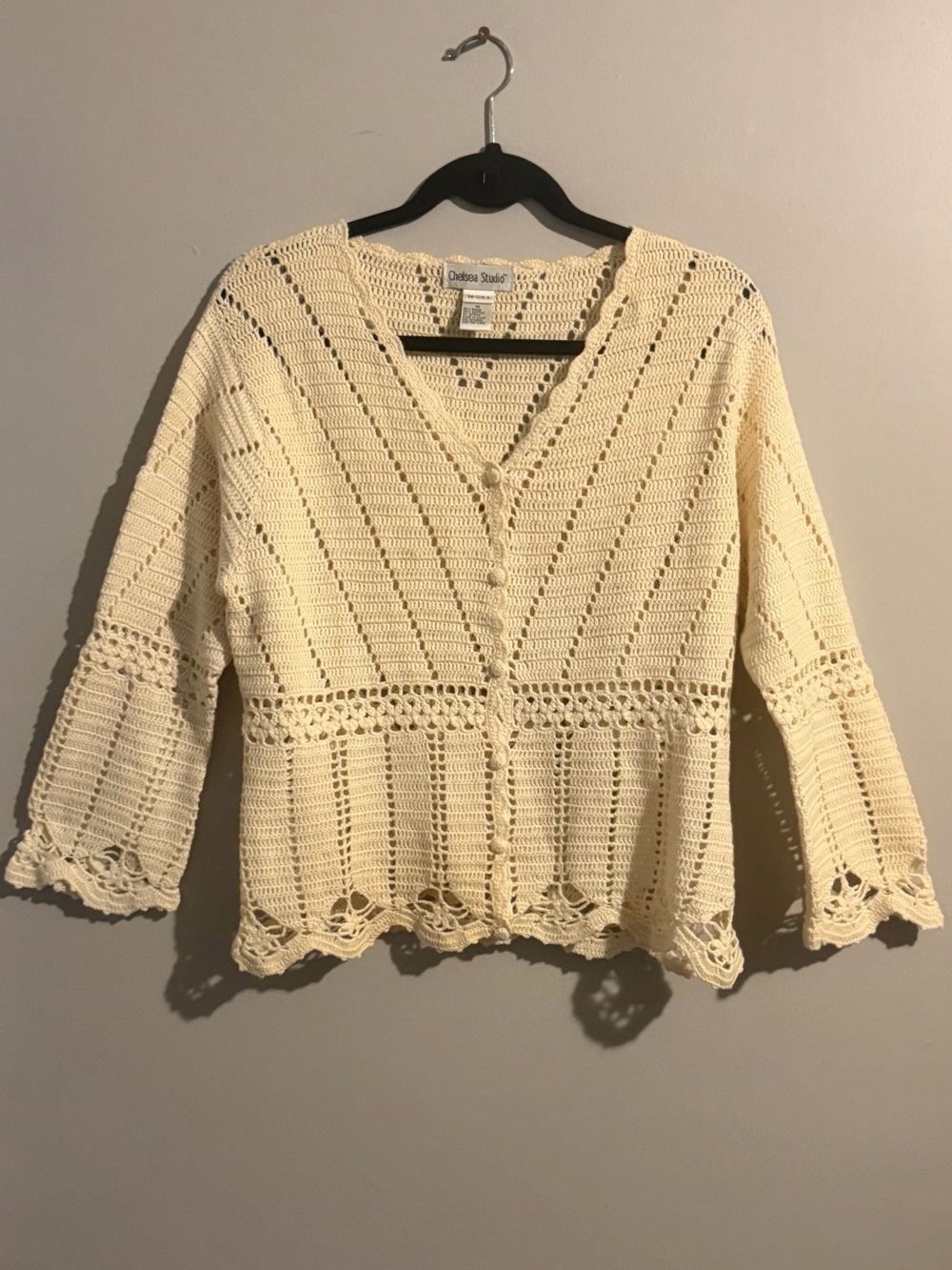 Chelsea Studio Ivory Crochet Knit Button Front Cardigan Sweater